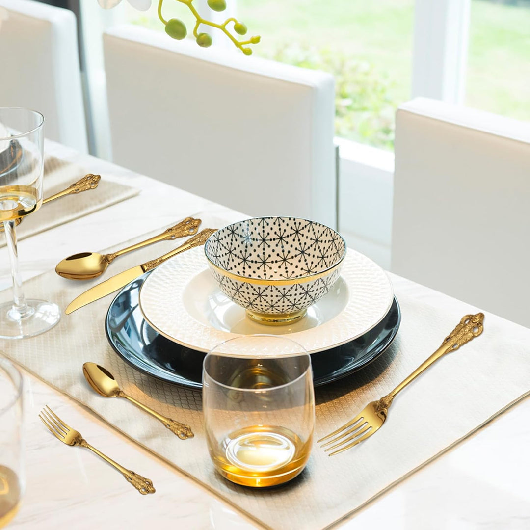 BEWOS 30 Stück Gold Palast Besteck Set, Hochwertig Edelstahl Besteck, Geprägte Design-Griffe, Banket