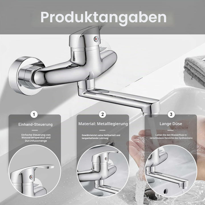 Wasserhahn Wandmontage,Wand-Spültischarmatur 360°, Wandwasserhahn Chrom, Kalt und Heiss Einhebelmisc