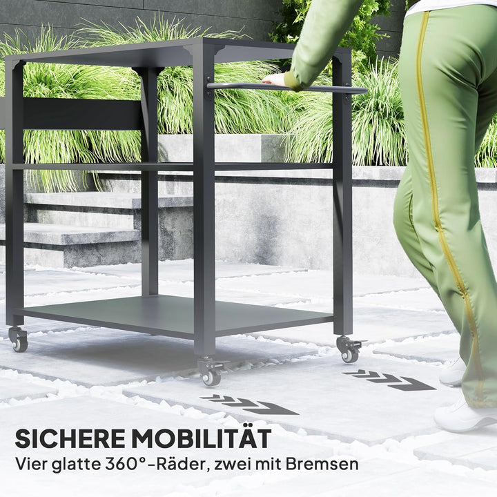 Outsunny Grillwagen 3-Etagen Servierwagen mit Arbeitsfläche Ablagen Räder, BBQ Grilltisch aus Edelst
