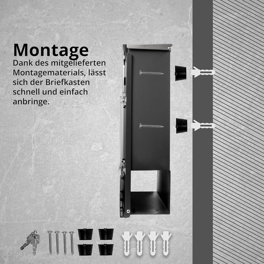 Grafner Premium Briefkasten personalisiert, Edelstahl mit Zeitungsfach und 2 Schlüssel, moderner Pos