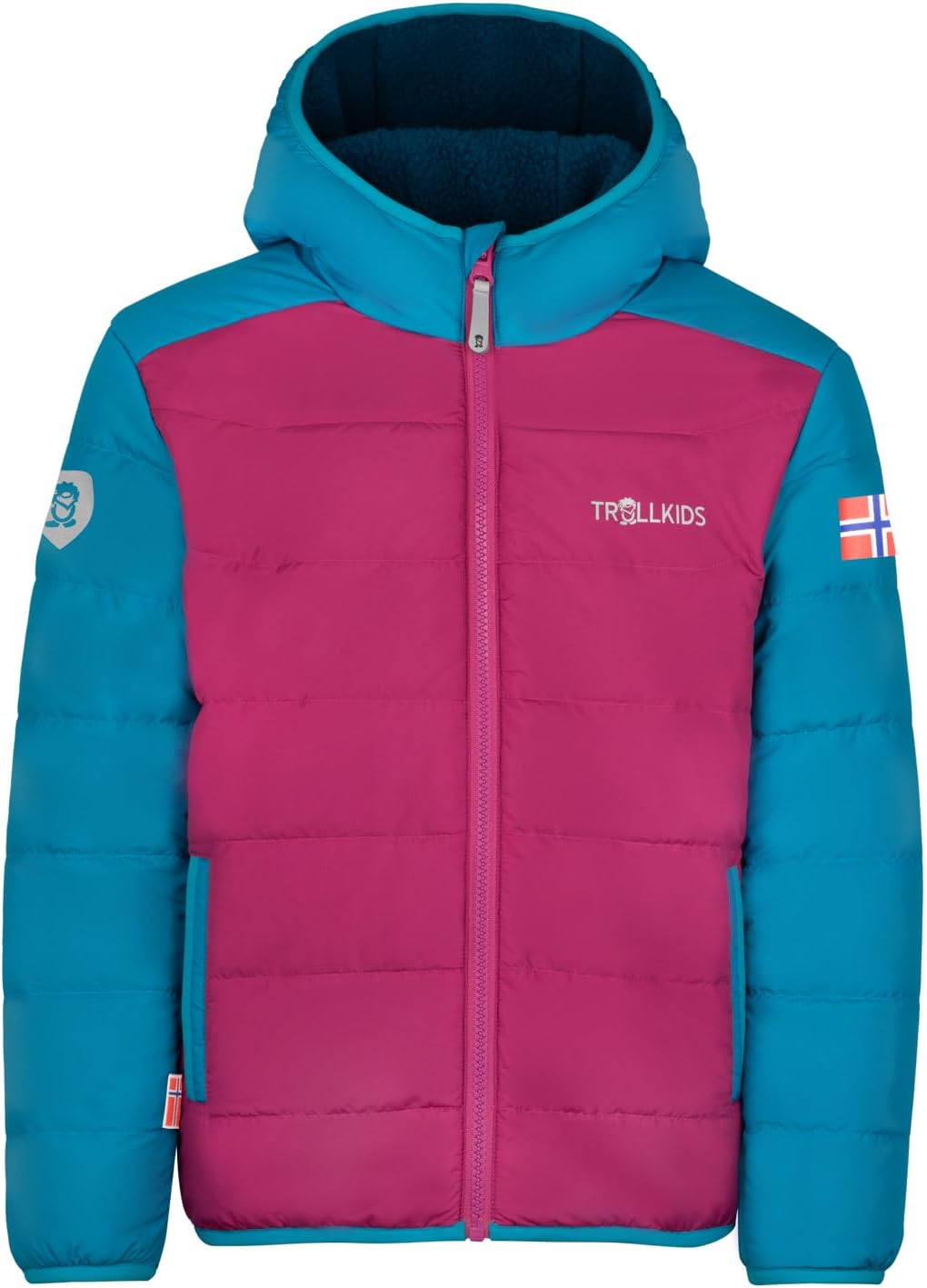 Trollkids winddichte Kinder Jacke mit Reissverschlusstaschen SANDVIKA 92 Helle Beere/Dunkeltürkis/Ma