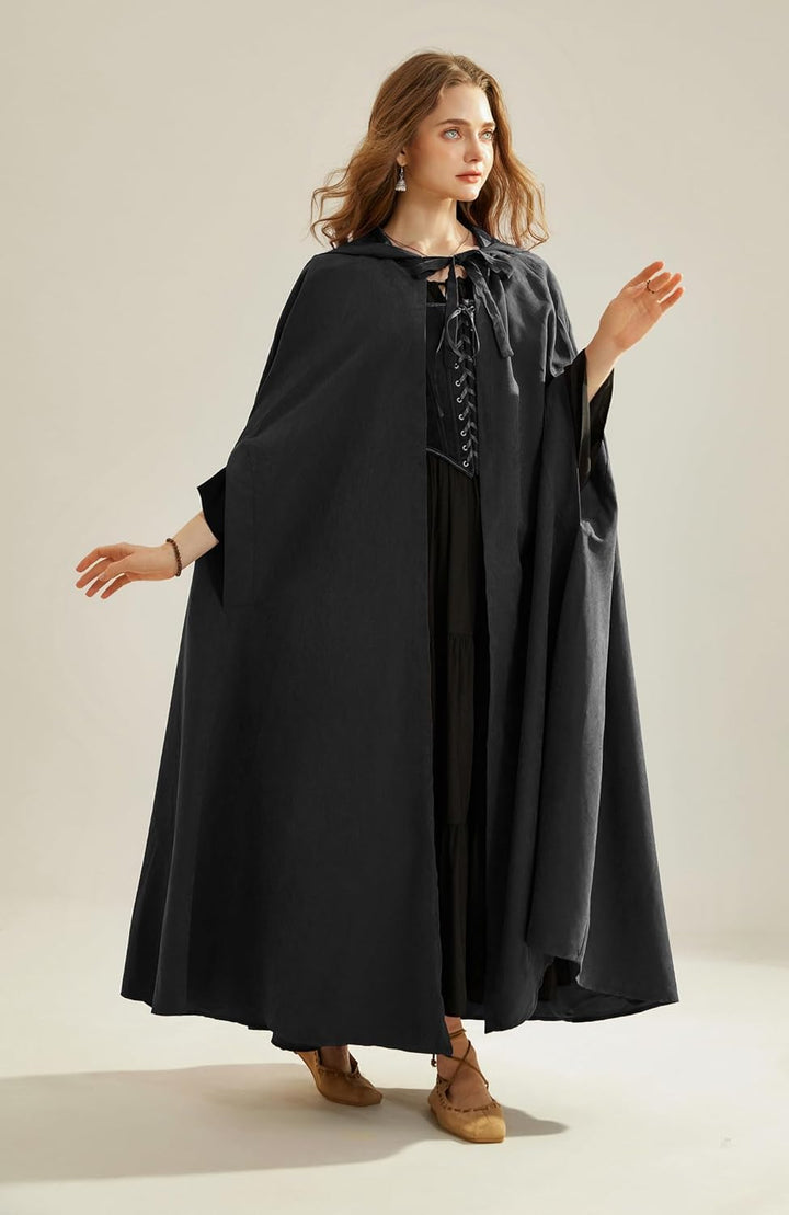 SCARLET DARKNESS Damen Mittelalter Umhang mit Kapuze Unisex Maxi Umhang Hexe Cosplay Cape Schwarz, S