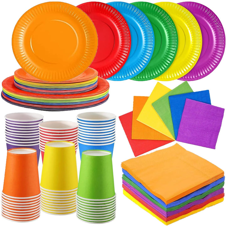 30 PCS + 90 Buntes Partygeschirr-Set in Regenbogenfarben, DIY Bunt Pappteller Bunt Party Pappteller,