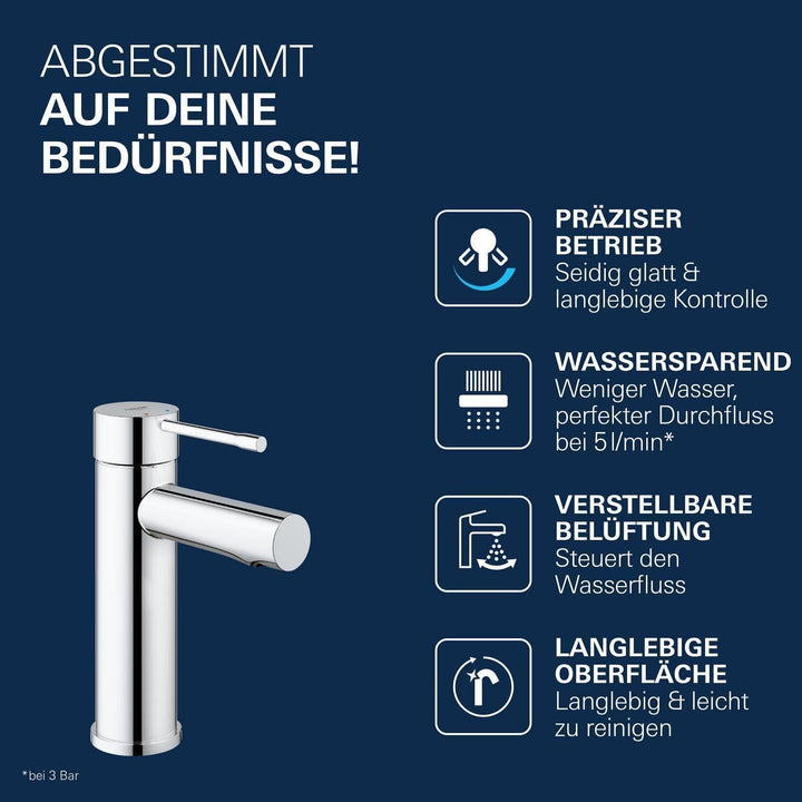 GROHE Essence - Einhand-Waschtischarmatur (wassersparend, mit Temperaturbegrenzer, S-Size), chrom, 3