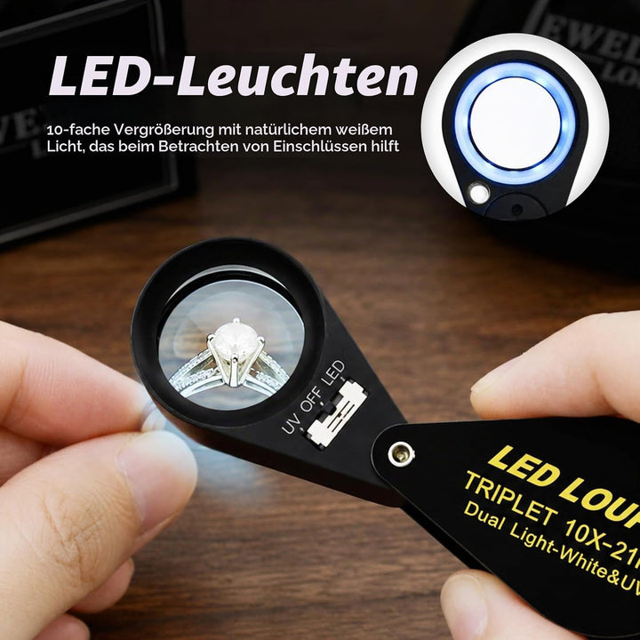 10x21mm Lupe Juwelier Lupe LED UV-Licht Triplet Objektiv Vergrösserungsstein Optisches Werkzeug 10-f