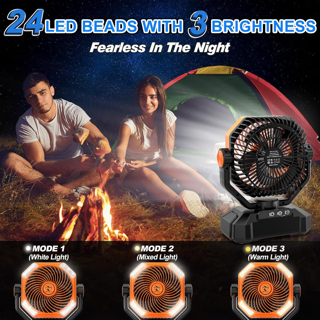 Multper Camping Ventilator mit LED-Licht, 20000mAh Wiederaufladbarer Outdoor Zelt Ventilator mit Hak
