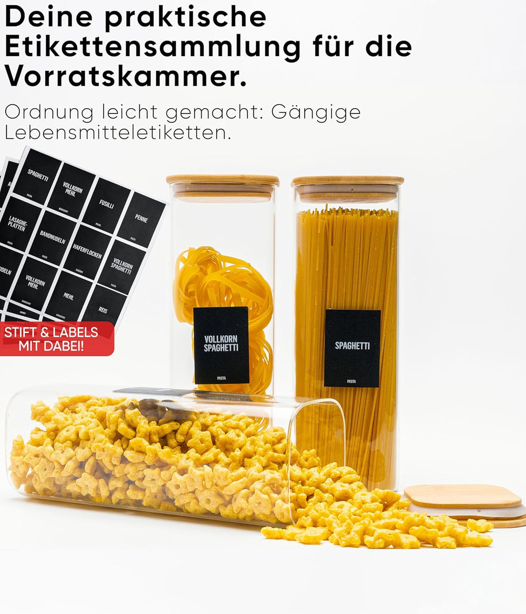 Deco haus® Spaghetti Aufbewahrung 3er Set Eckig - Vorratsgläser mit Deckel + Etiketten [LUFTDICHT] -