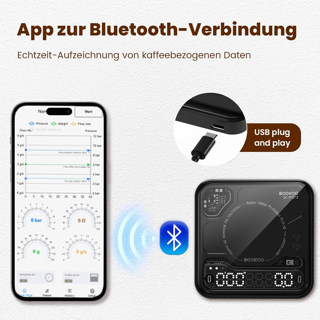 BOOKOO Kaffeewaage mit Timer, 0,1g Hochpräzise wiederaufladbare Espresso Waage mit 3 Mode, Bluetooth