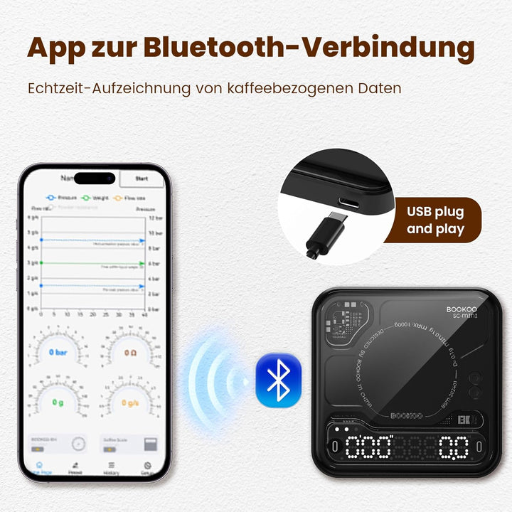 BOOKOO Kaffeewaage mit Timer, 0,1g Hochpräzise wiederaufladbare Espresso Waage mit 3 Mode, Bluetooth
