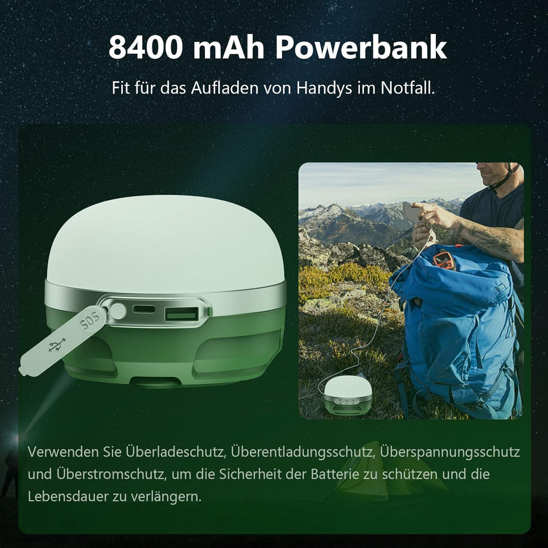 LED Campinglampe 8400mAh akku, RGB Farbwechsel Camping Laterne mit USB C Aufladbar, 5 Lichtmodi, Stu