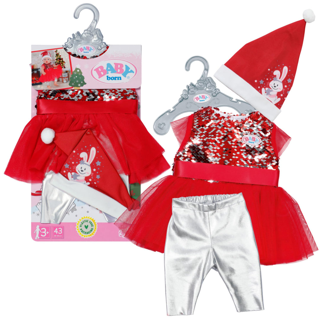 BABY born Weihnachtsoutfit 43cm, Weihnachtskleid mit Pailletten, Leggings und Weihnachtsmütze für 43