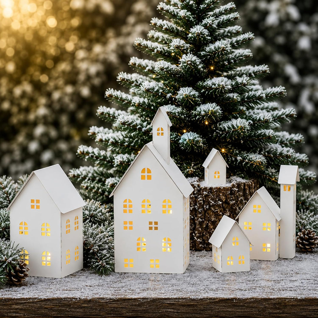 UNUS Deko Häuser 5er Set, Lichthäuser aus Metall, in Weiss, Herbstdeko Outdoor, Weihnachtsdorf für G