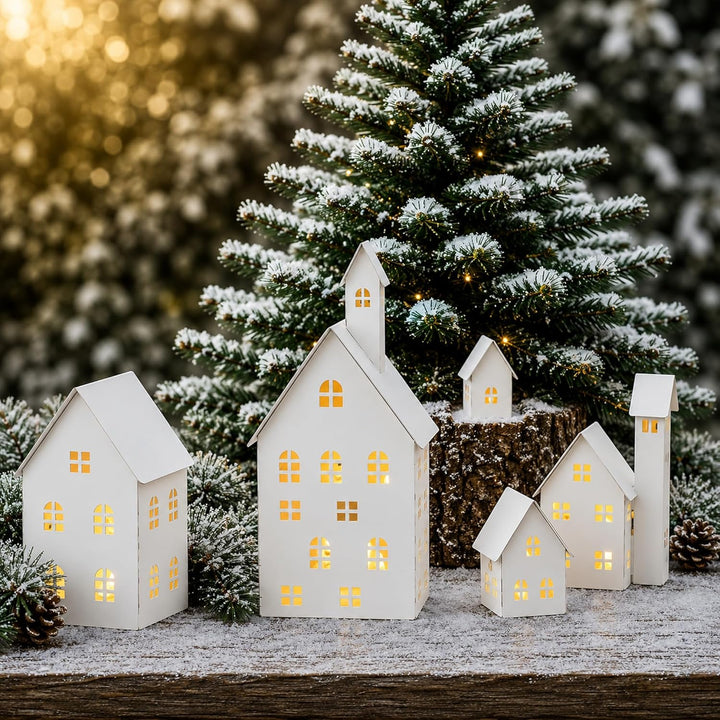 UNUS Deko Häuser 5er Set, Lichthäuser aus Metall, in Weiss, Herbstdeko Outdoor, Weihnachtsdorf für G