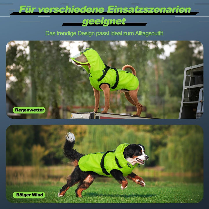 Hunderegenmantel wasserdicht, Regenjacke mit reflektierenden Streifen, H-Brustgeschirr (D-Ring) &amp; Ab