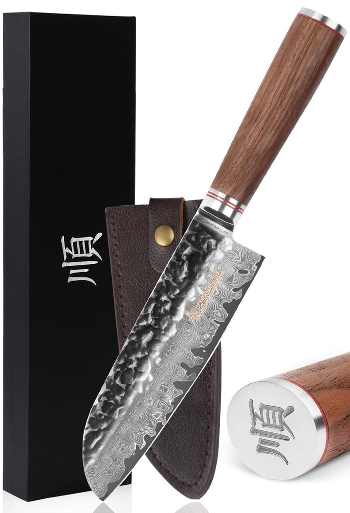 YOUSUNLONG Santoku 7 Zoll Pro Kochmesser Japanischer Griff aus gehämmertem Damaststahl aus natürlich