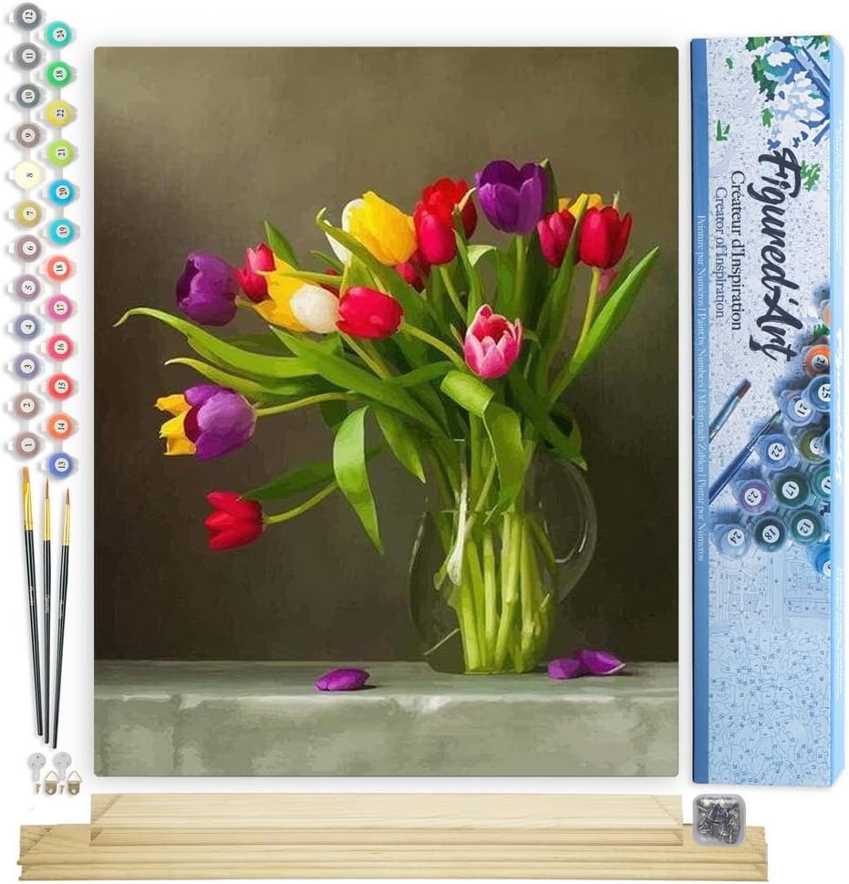 Figured'Art Malen Nach Zahlen Erwachsene Mit Rahmen Bunte Tulpen - Paint by Numbers Basteln DIY Bast