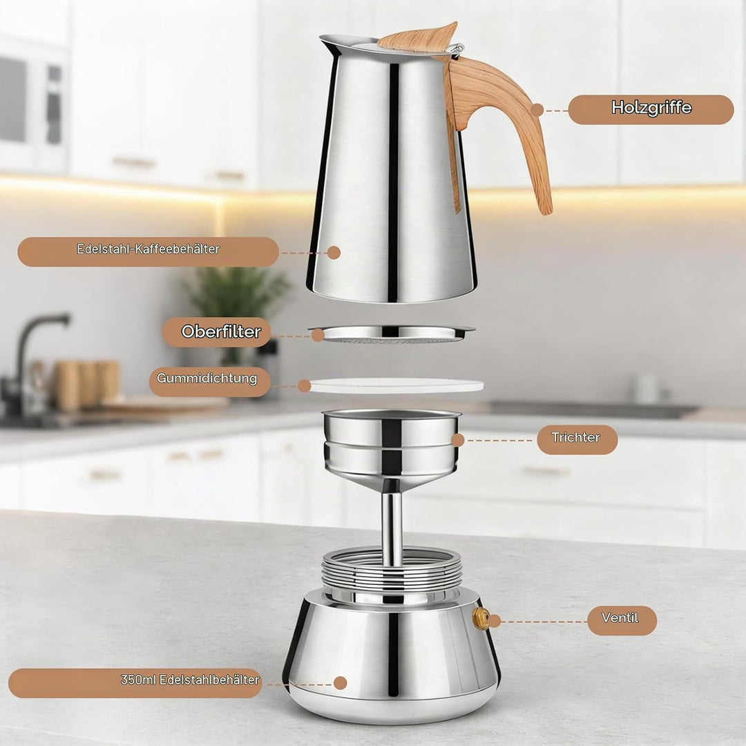 Romon Espressokocher, Edelstahl Mokkakanne 350ml Induktion, Geeignet für Alle Herdarten Gas, Elektro