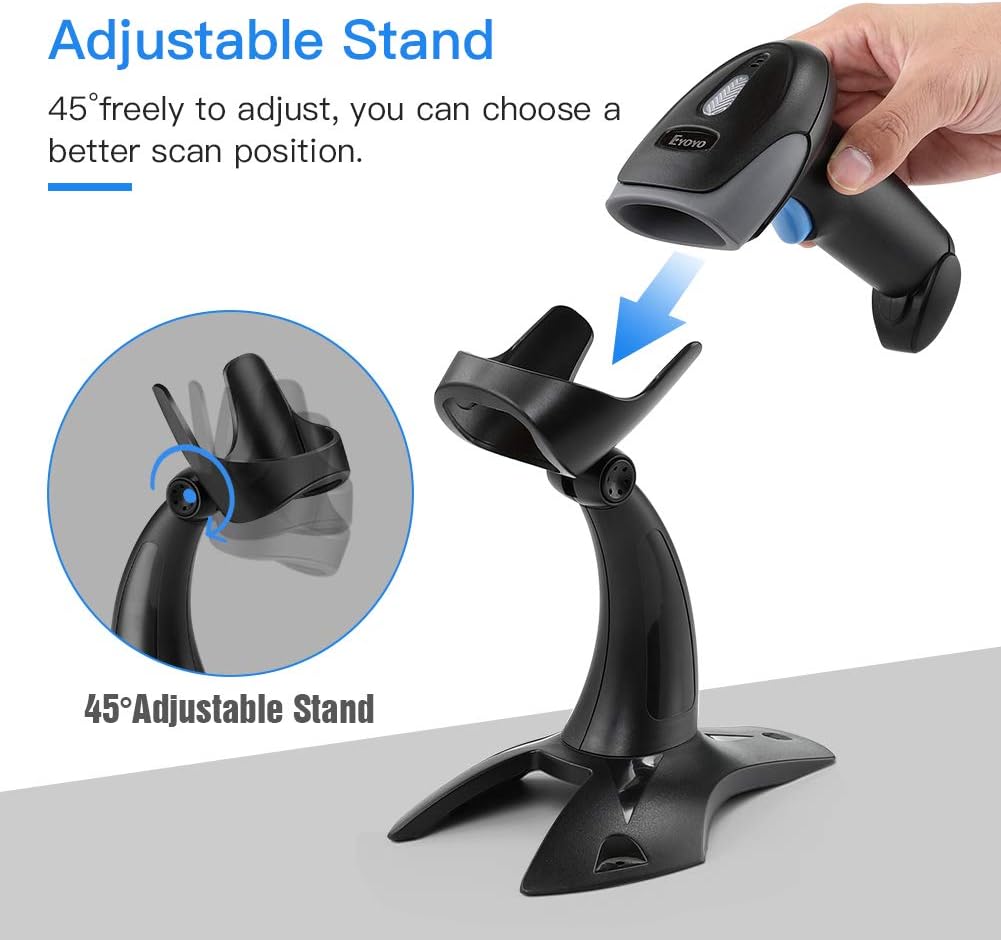 Eyoyo 1D 2D QR Barcode Scanner with Stand, Handheld USB Wired Scanner for Inventory Management, Port