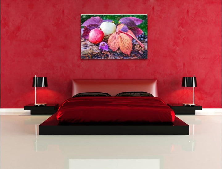 Pixxprint Äpfel und Blätter im Herbst als Leinwandbild | Grösse: 100x70 | Wandbild| Kunstdruck | fer