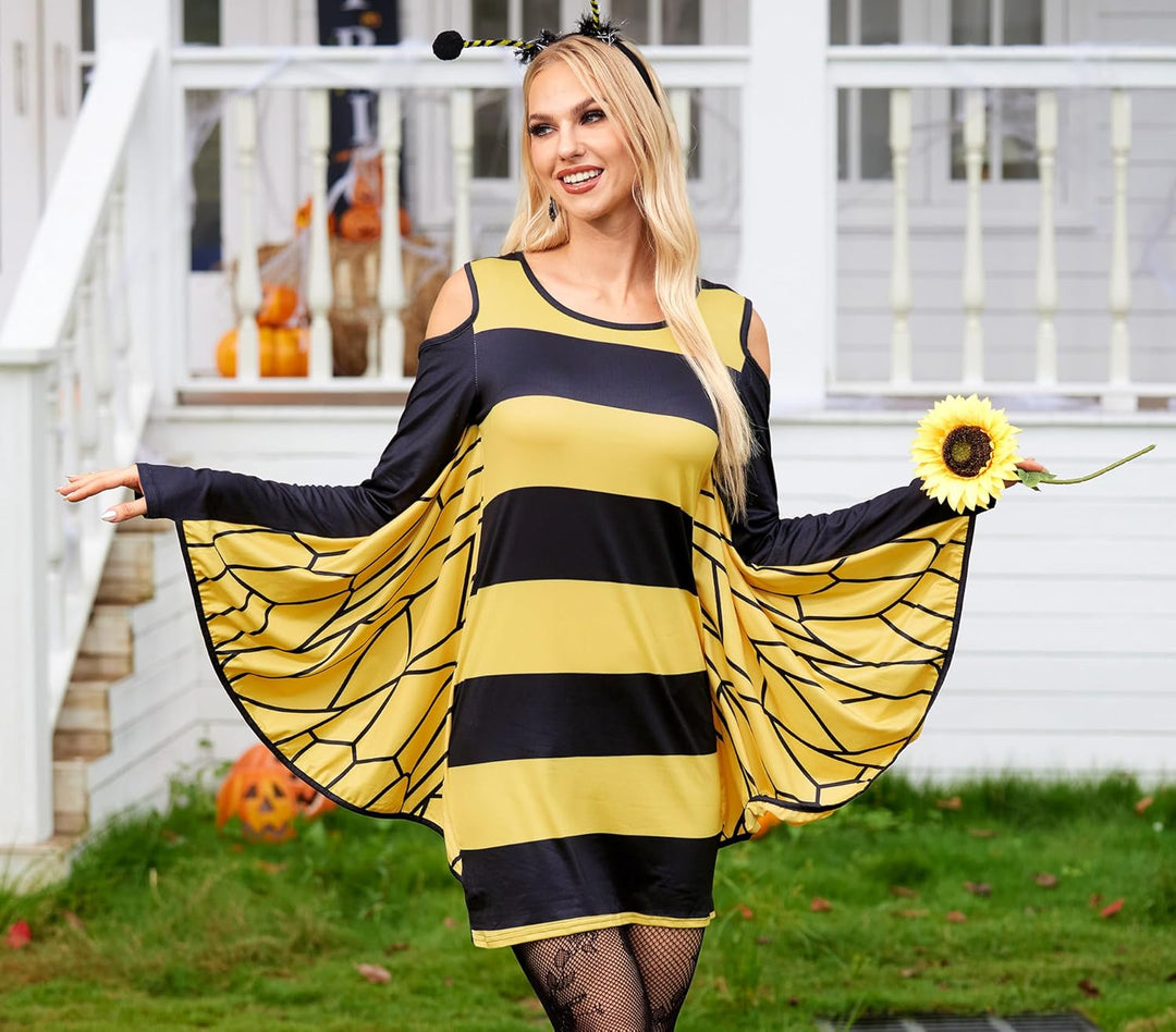 For G and PL Damen Halloween Karneval Langarm Insekt Cosplay Kostüm Kalte Schulter Party Kleid S-XXL