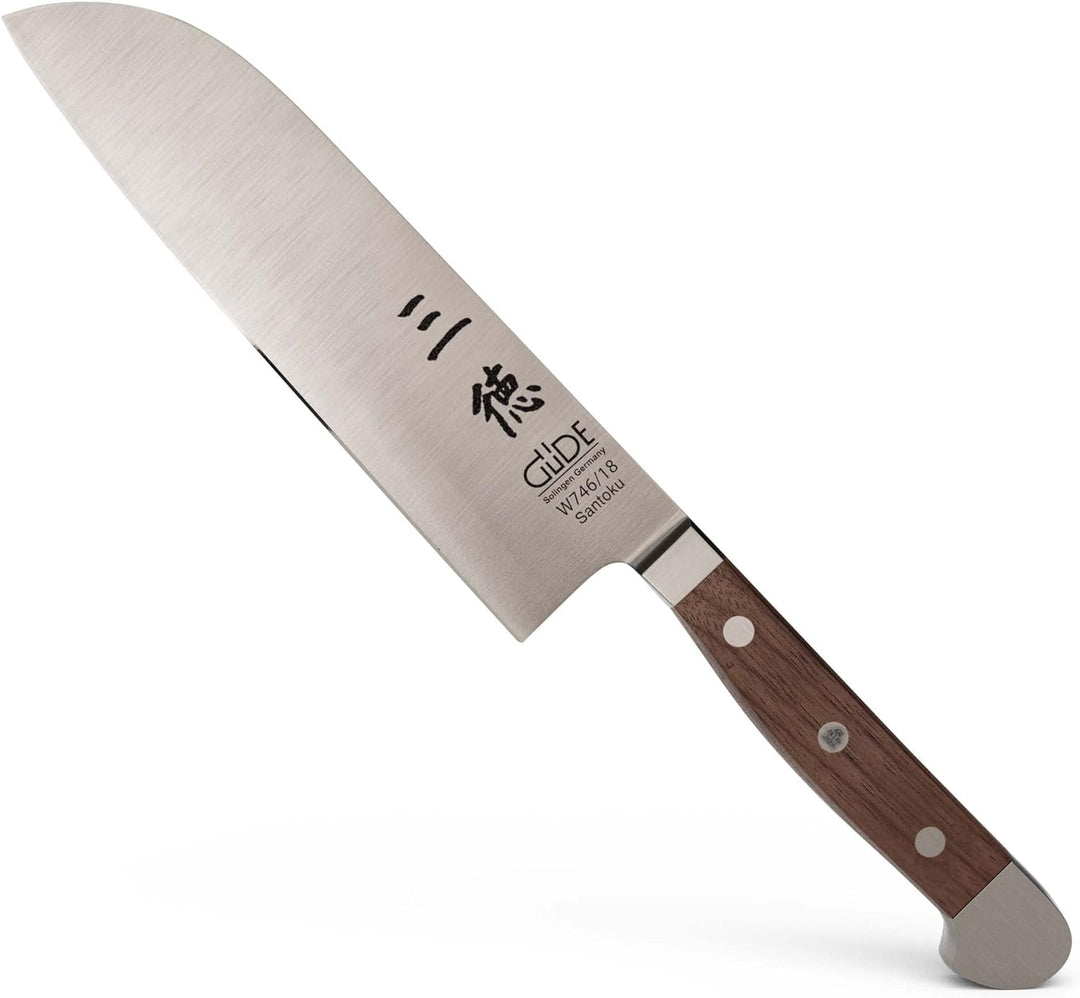 GÜDE Solingen - Santoku Messer geschmiedet, 18 cm, Walnussholz, ALPHA WALNUSS, Doppelkropf, Handmade