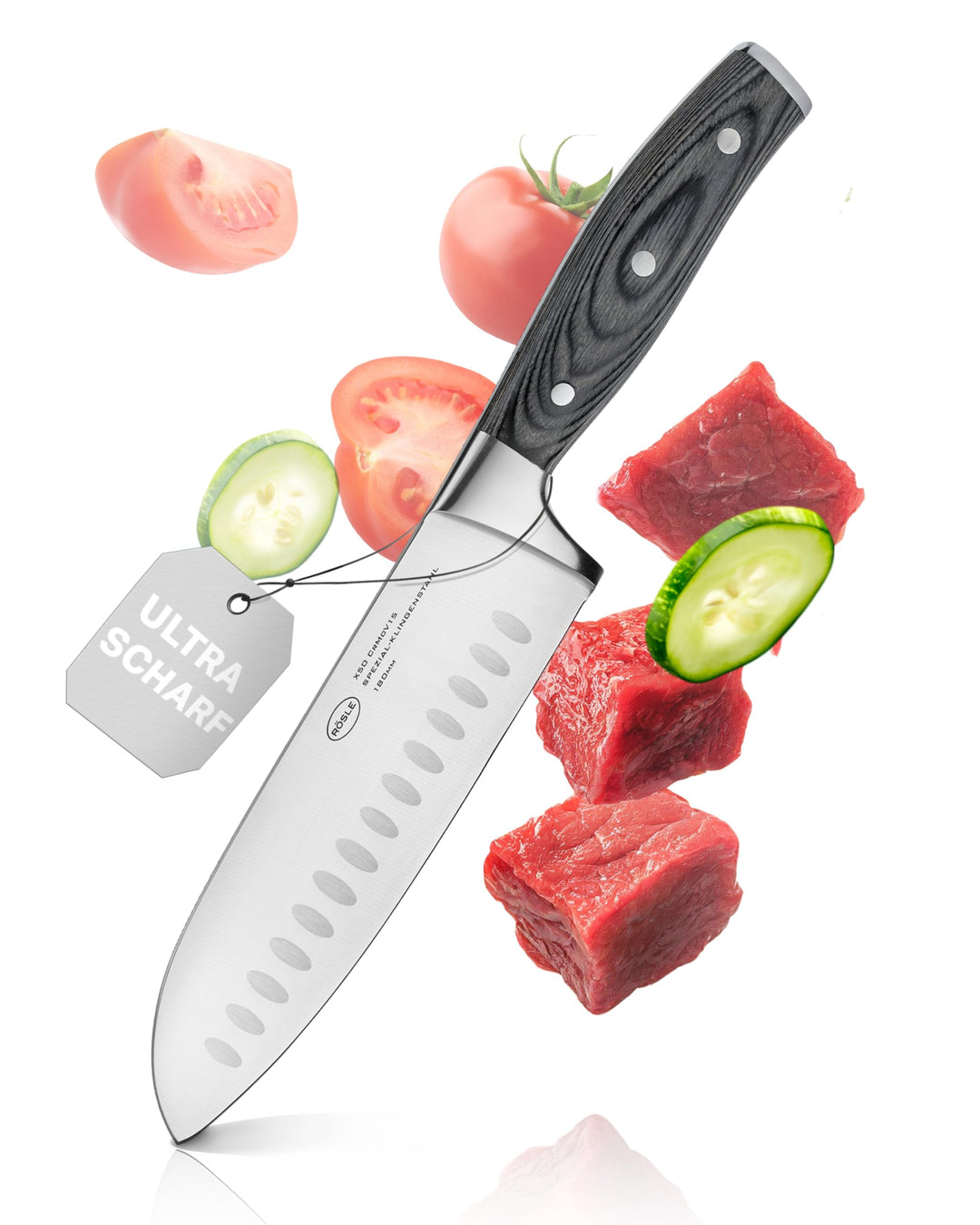 RÖSLE Santokumesser WOLFGREY 17,5 cm – Scharfes Küchenmesser & Kochmesser mit Kullenschliff – Santok