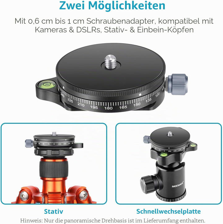 Neewer Kamera-Panorama-Schwenkfuss mit Stilplatte, 3/8-Zoll-Schraube, Aluminiumlegierung, Panorama-K