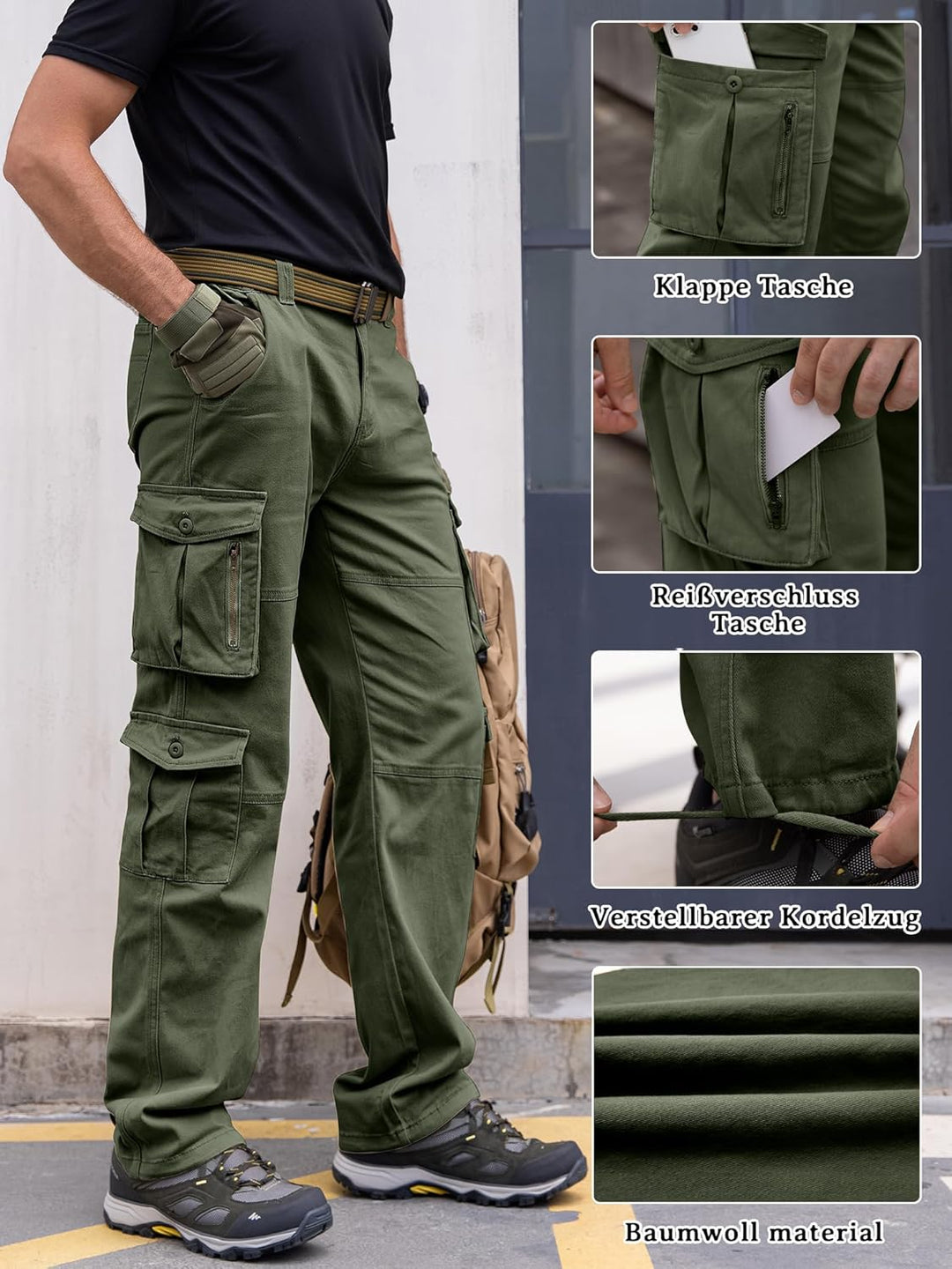 Breampot Herren Cargohose Baumwolle Baggy Chino Hosen Freizeit Outdoorhose Arbeitshose Trouser Pants