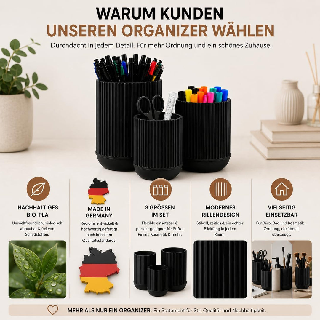 CABU Stiftehalter Schwarz 3er Set – Minimalistischer Schreibtisch Organizer – Multifunktionaler Stif