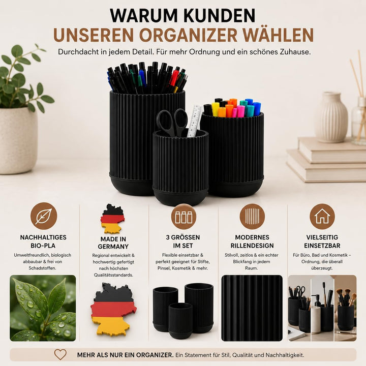 CABU Stiftehalter Schwarz 3er Set – Minimalistischer Schreibtisch Organizer – Multifunktionaler Stif