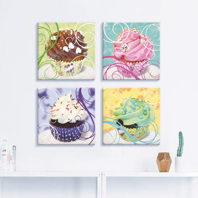 ARTLAND Leinwandbilder auf Holz Wandbild Bild Set 4 teilig je 40x40 cm Quadratisch Essen Dessert Bun