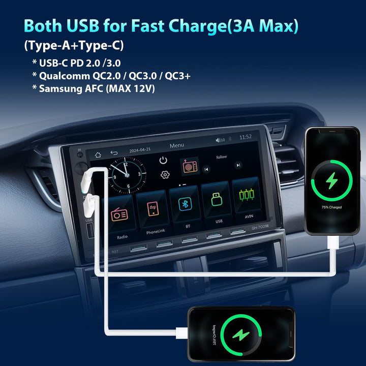 Autoradio Bluetooth 2Din mit Bildschirm(7"), Kompatibel mit [Wireless] Apple CarPlay/Android Auto Ty