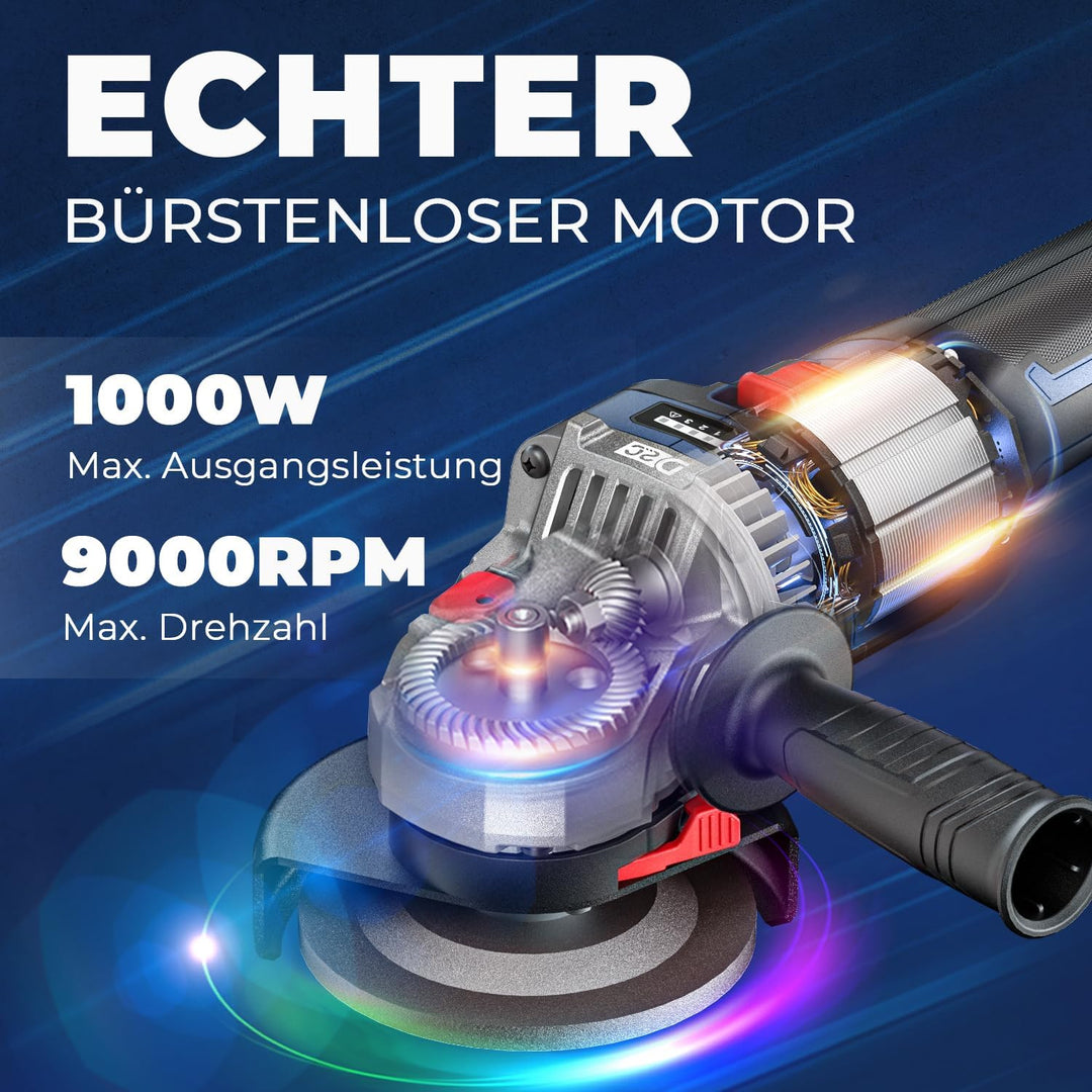 DongCheng Akku-Winkelschleifer 18V, Ø 125mm, 1000W, bürstenloser Motor, 3 Drehzahlstufen, Schnellspa