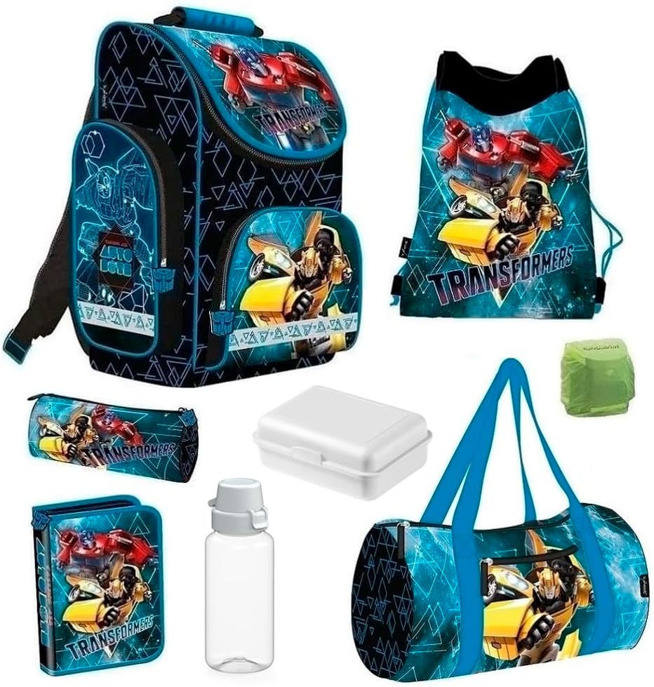 Familando Transformers Schulranzen-Set 8-tlg. | Ranzen 1. Klasse | Schultasche mit Sporttasche | Bla