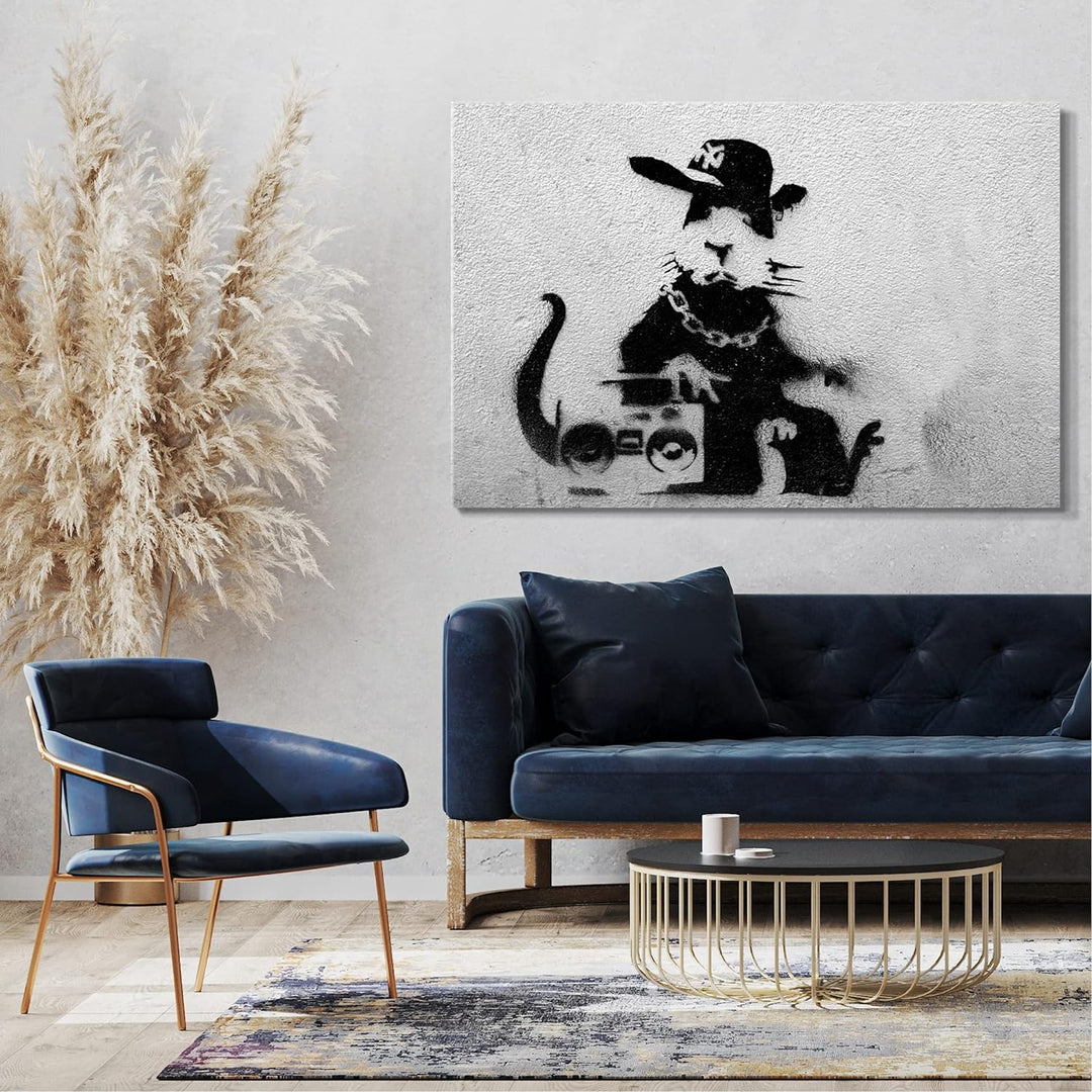 Printed Paintings Leinwand (80x60cm): Banksy - Ratte mit Ghettoblaster Rat Graffiti Kunst Street 80x