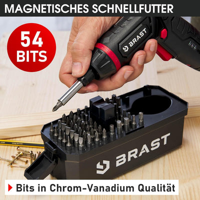 BRAST® Akkuschrauber Akku Bohrschrauber | 4,0V / 2Ah Li-Ion-Akku | 54 Chrom-Vanadium-Bits | schwenkb