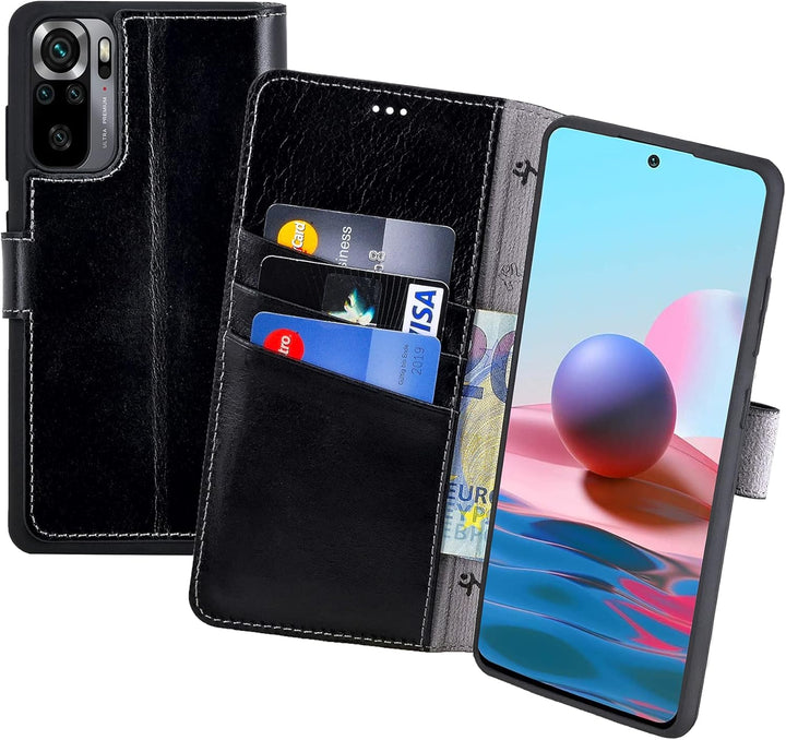Suncase Book-Style Hülle kompatibel mit Xiaomi Redmi Note 10 Leder Tasche (Slim-Fit) Lederhülle Hand