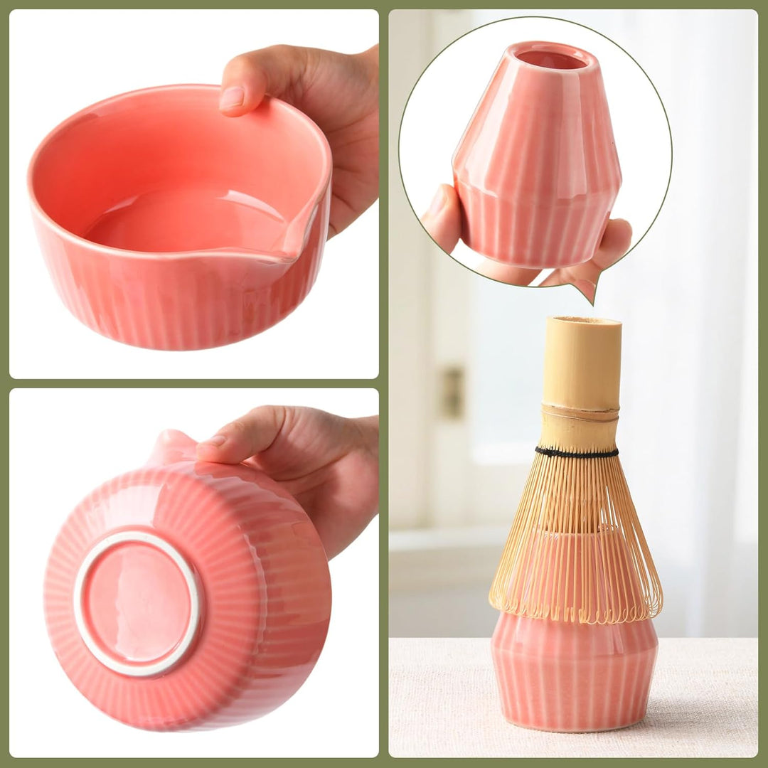 Matcha Set Premium 7-teilig Keramik: Matcha Schale, Bambus Besen (Chasen),Teebesenbasis，Teelöffel, S