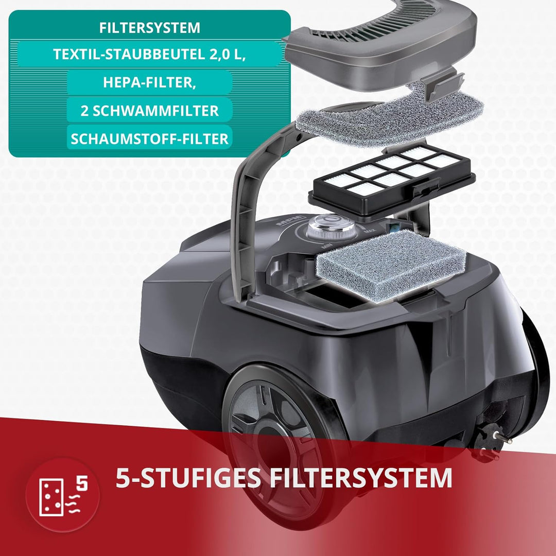 MPM Staubsauger MOD-52 - Bodenstaubsauger mit 5-stufigem Filtersystem - Leise Sauger Metall-Teleskop