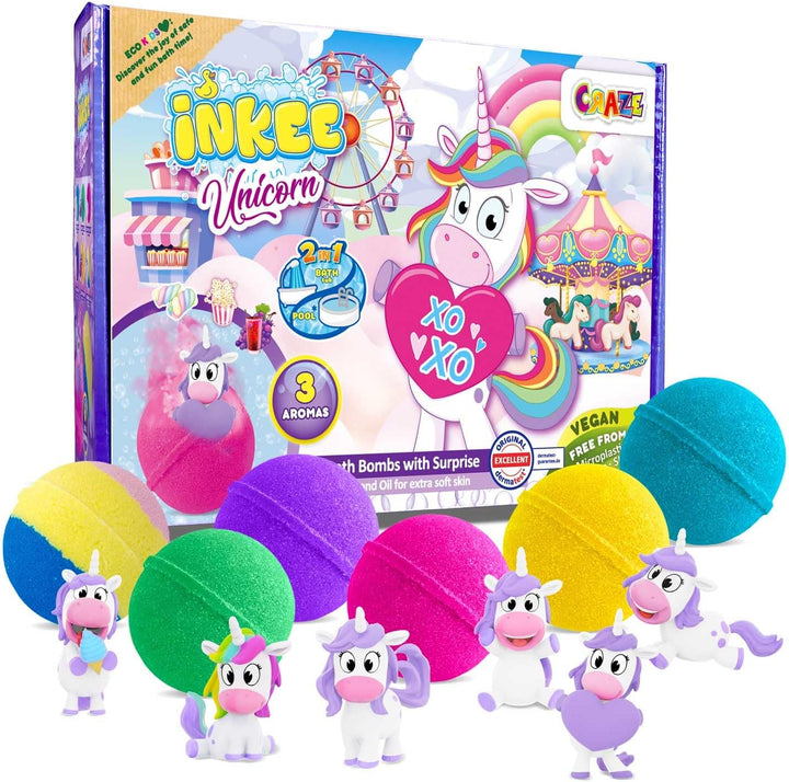 INKEE Geschenkbox Unicorn | Box mit 6 Badebomben für Kinder mit Überraschung, 6 Badekugeln mit Einho
