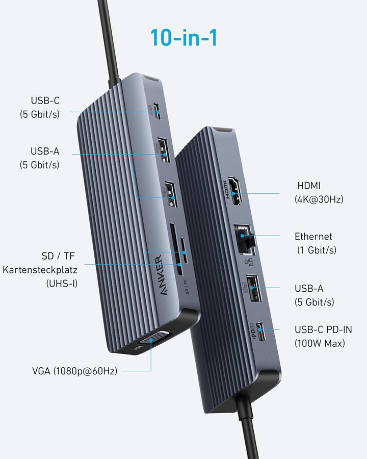 Anker Dual-Display USB-C Hub (10-in-1), 4K@30Hz HDMI Display mit 100W Max Power Delivery, 5 Gbit/s U