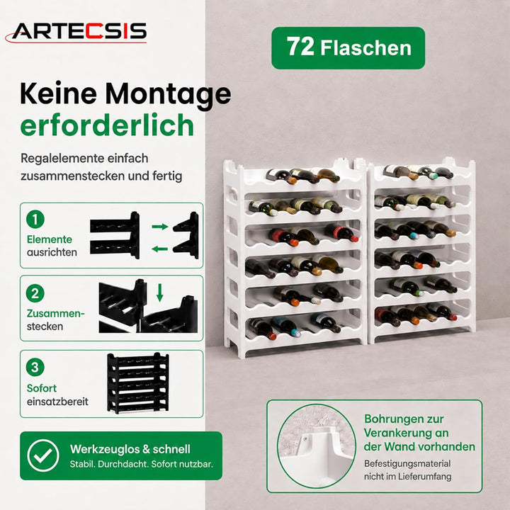 ARTECSIS Weinregal stapelbar Kunststoff für 72 Flaschen, stabiles Flaschenregal in Gastronomie-Quali