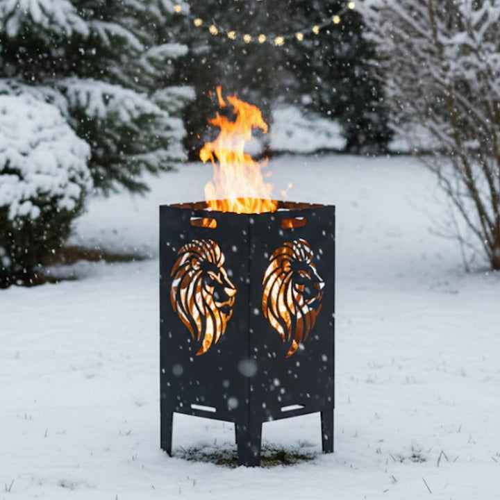 Feuertonne Hirsch & Löwe - Massive Feuerkorb Feuerschale aus Stahl Outdoor Firepit mit Motiv Stabil,