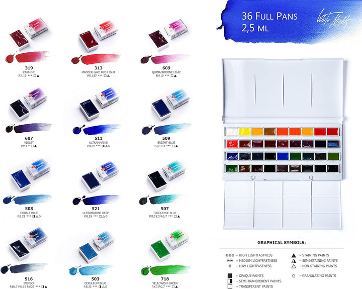 Honsell White Nights russische Künstler-Aquarellfarben im Set, Farben in ganzen Näpfchen im Kunststo