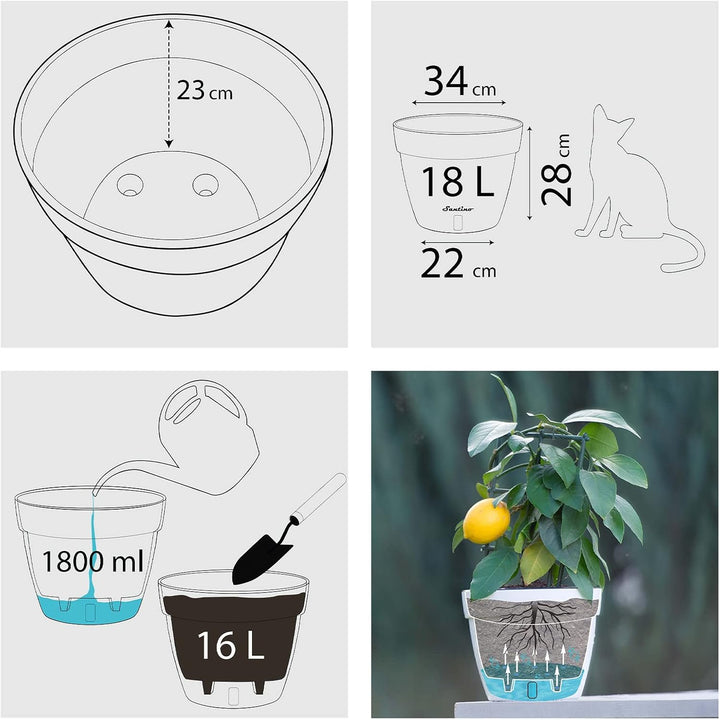 Santino ASTI 3er Set 34CM Selbstwässernder Blumentopf mit Wasserstandsanzeiger für Anlagen, Blumen,