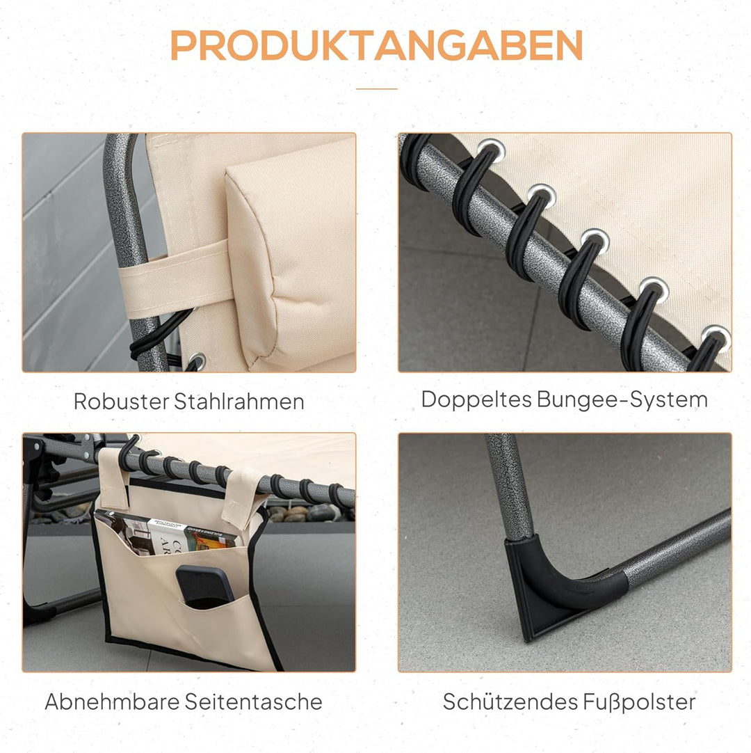 Outsunny Sonnenliege, klappbar Gartenliege mit Kopfkissen, Seitentasche, Liegestuhl mit 5-Fach verst
