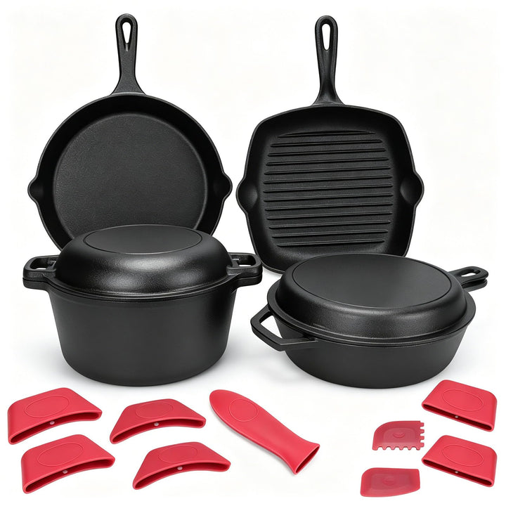 GFTIME Gusseisen Kochgeschirr Set 5-teilig, Gusseisen mit Dutch Oven 5 QT, Schmortopf 3,2 QT mit Pfa