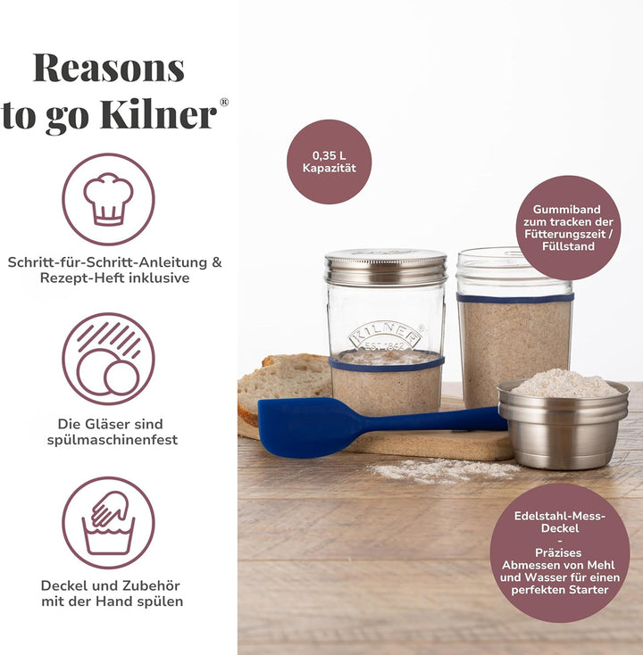Kilner Sauerteig Starter Set 5-teilig / 350 ml / Glas mit Messbecher-Deckel, Weithals-Glas, Gummirin