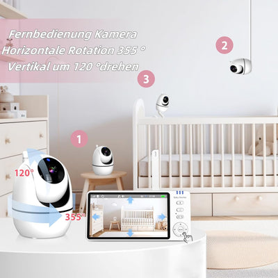 HT Babyphone mit Kamera, 5-Zoll-Bildschirm, 720P-Kamera, Zwei-Wege-Audio, Fernbedienung Drehung von