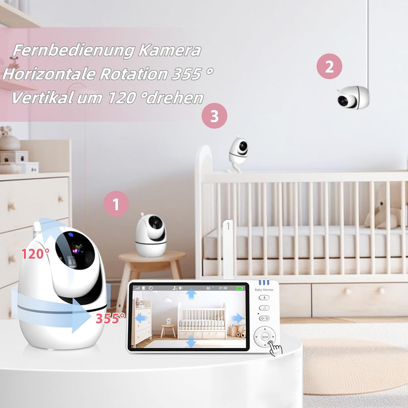 HT Babyphone mit Kamera, 5-Zoll-Bildschirm, 720P-Kamera, Zwei-Wege-Audio, Fernbedienung Drehung von